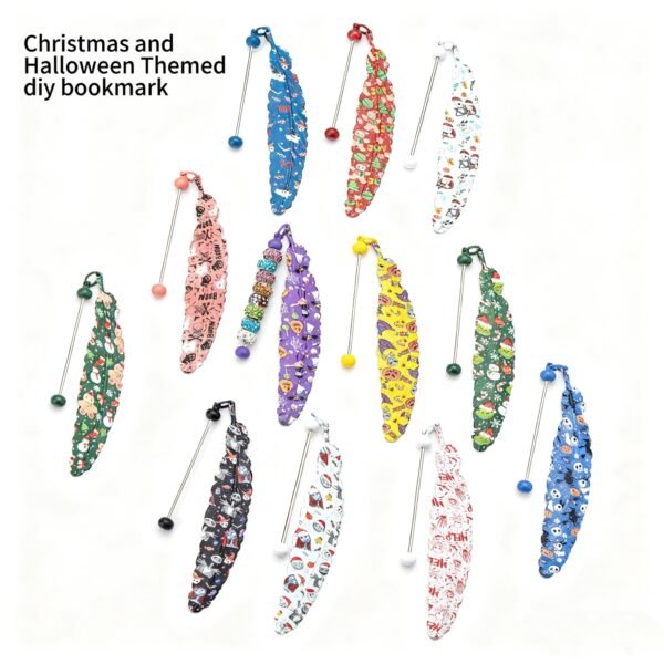 Feather-shaped DIY Bookmark with Bead Hole, Christmas & Halloween Themed Bookmarks for Reading, Customizable Page Markers for Book Lovers and Crafters (Multi-Color Styles)